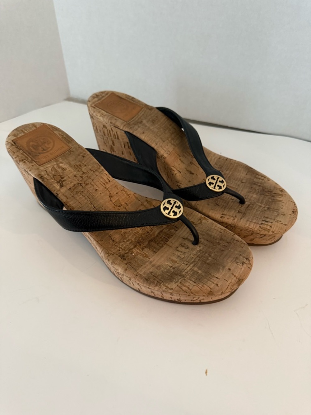 Tory Burch Suzy Black Patent Leather Cork Wedge Platform Sandals Size‎ 9